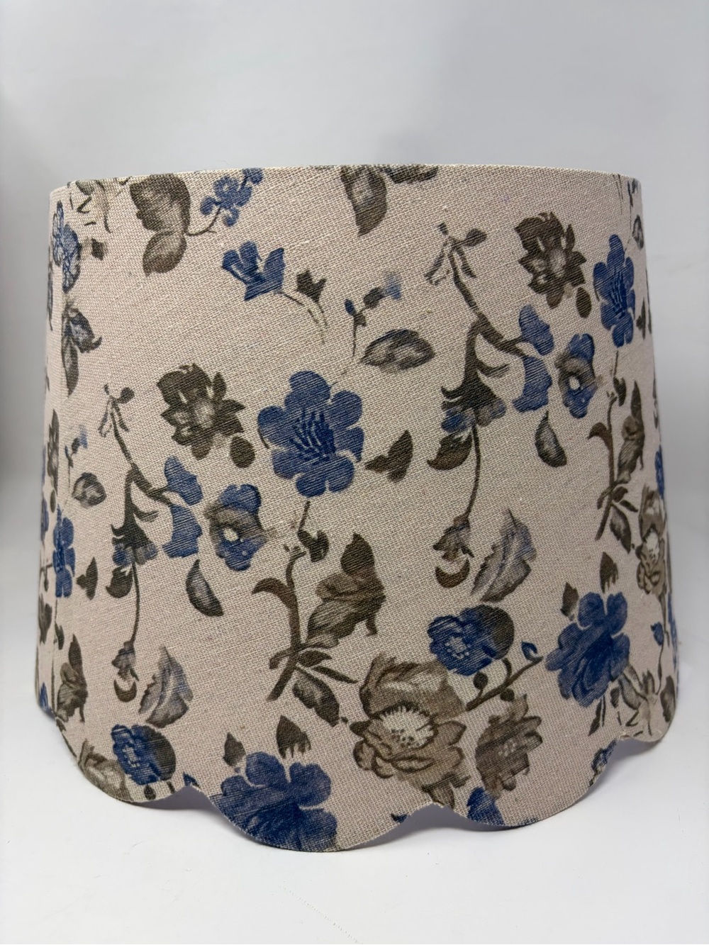 Scalloped linen Fabric Table Lampshade in Cream, Blue & olive floral